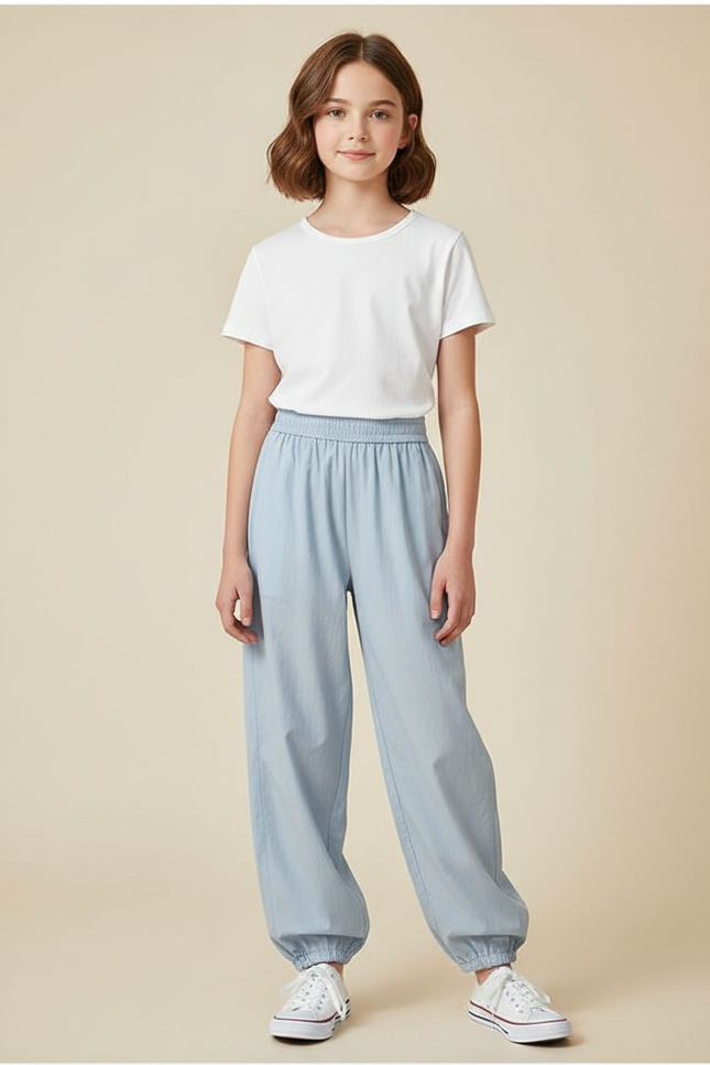 Pantalon Japonais Bleu Clair Ample Élastiqué Décontracté - Coton