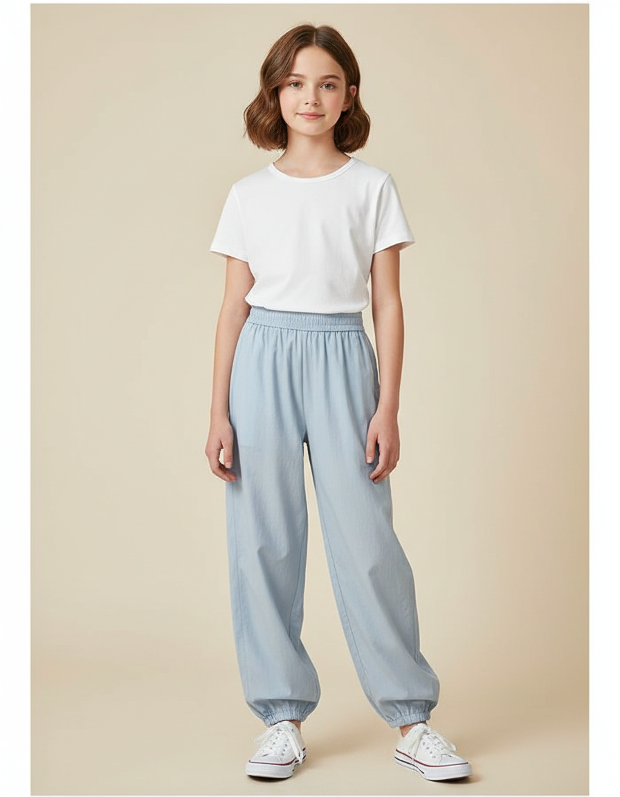 Pantalon Japonais Bleu Clair Ample Élastiqué Décontracté - Coton