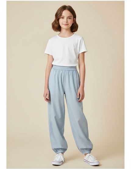 Pantalon Japonais Bleu Clair Ample Élastiqué Décontracté - Coton
