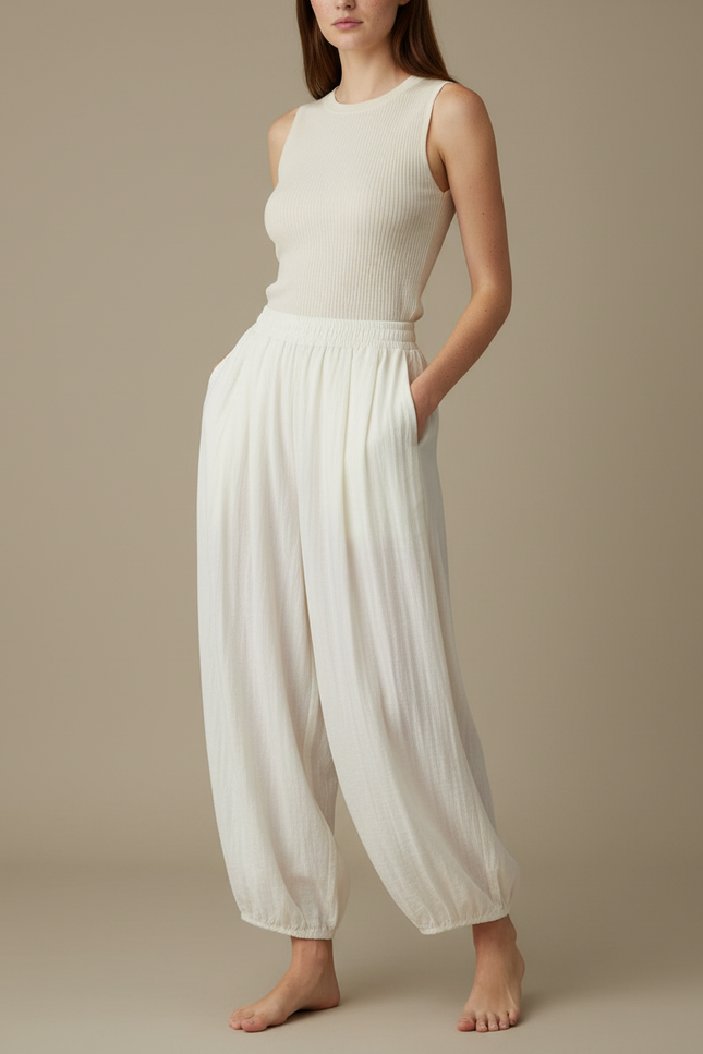 Pantalon Japonais Ample Fluide Écru Décontracté Femme - Beige Lin