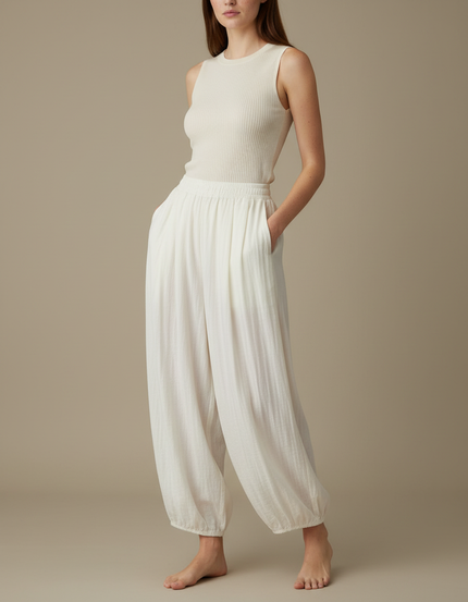 Pantalon Japonais Ample Fluide Écru Décontracté Femme - Beige Lin