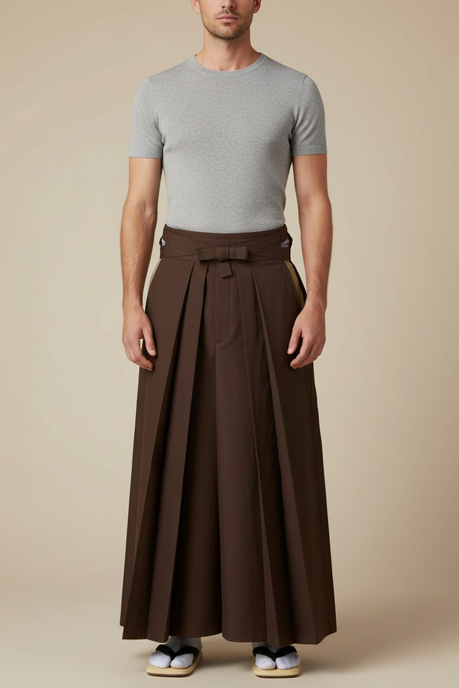 Pantalon Japonais Marron Plissé Traditionnel Formel Homme - Gabardine