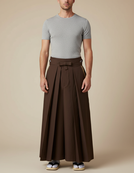 Pantalon Japonais Marron Plissé Traditionnel Formel Homme - Gabardine