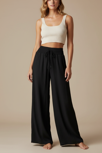 Pantalon Japonais Noir Fluide Ample Coton Plissé