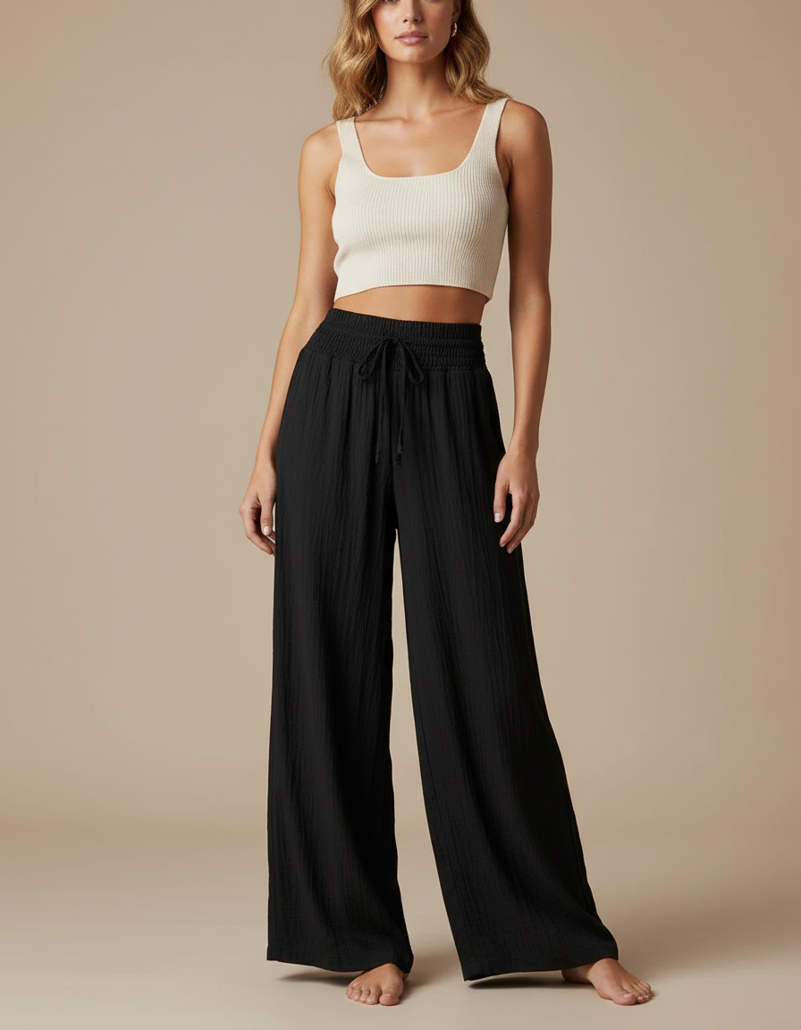 Pantalon Japonais Noir Fluide Ample Coton Plissé