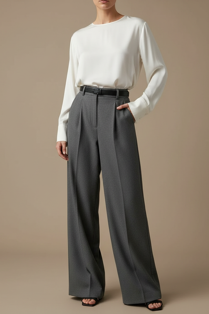 Pantalon Japonais Gris Anthracite Ample Plissé Taille Haute Femme - Gabardine