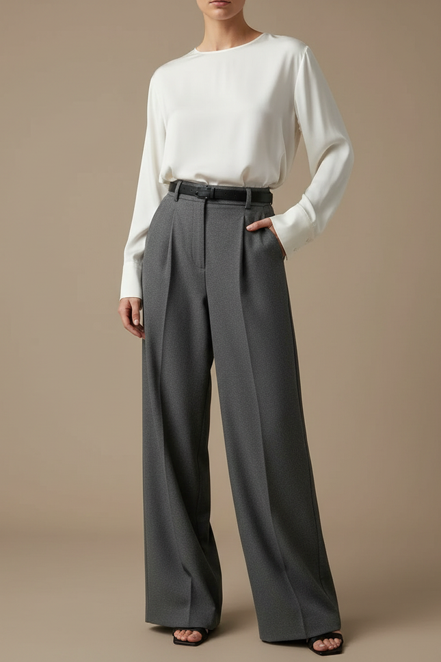 Pantalon Japonais Gris Anthracite Ample Plissé Taille Haute Femme - Gabardine