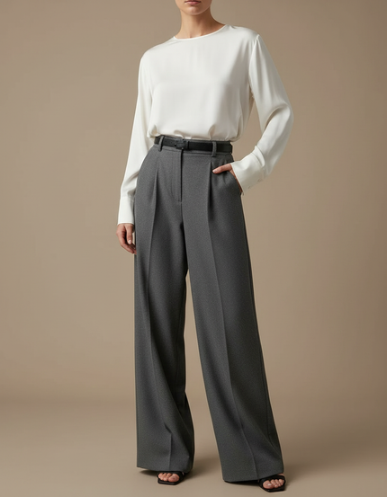 Pantalon Japonais Gris Anthracite Ample Plissé Taille Haute Femme - Gabardine