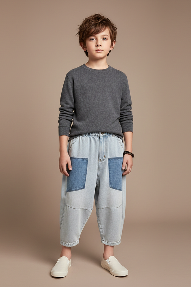 Pantalon Japonais Denim Ample Décontracté Patchwork Enfant - Bleu Jean