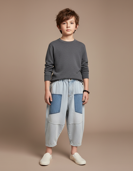 Pantalon Japonais Denim Ample Décontracté Patchwork Enfant - Bleu Jean