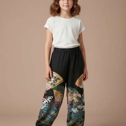 Pantalon Japonais Noir Ample Motifs Éventails Vagues - Coton