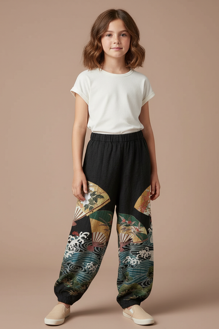 Pantalon Japonais Noir Ample Motifs Éventails Vagues - Coton
