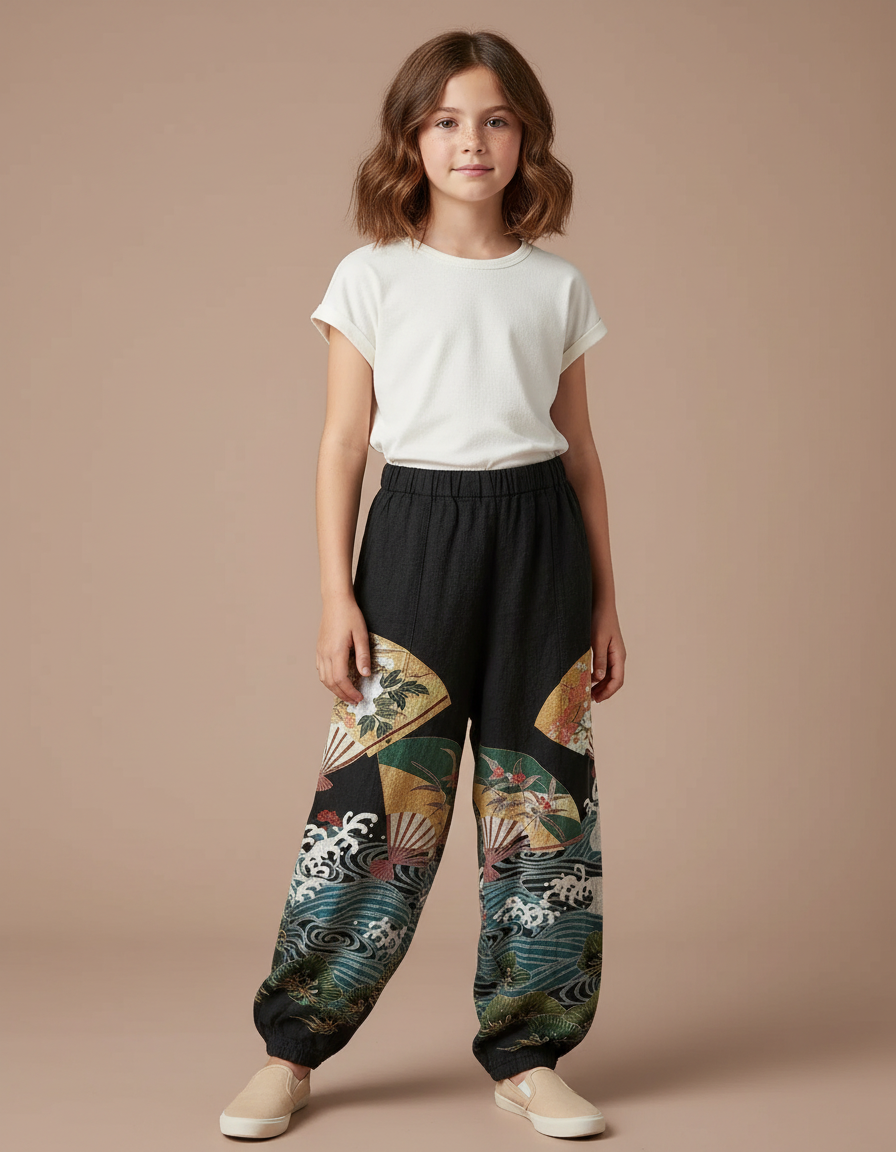 Pantalon Japonais Noir Ample Motifs Éventails Vagues - Coton