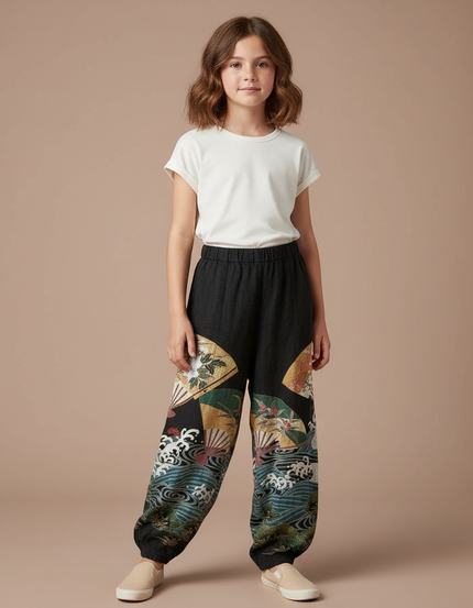 Pantalon Japonais Noir Ample Motifs Éventails Vagues - Coton