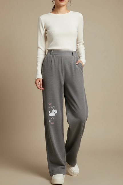 Pantalon Japonais Gris Ample Broderie Chat Décontracté - Maille