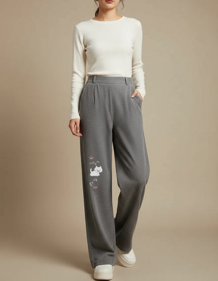 Pantalon Japonais Gris Ample Broderie Chat Décontracté - Maille