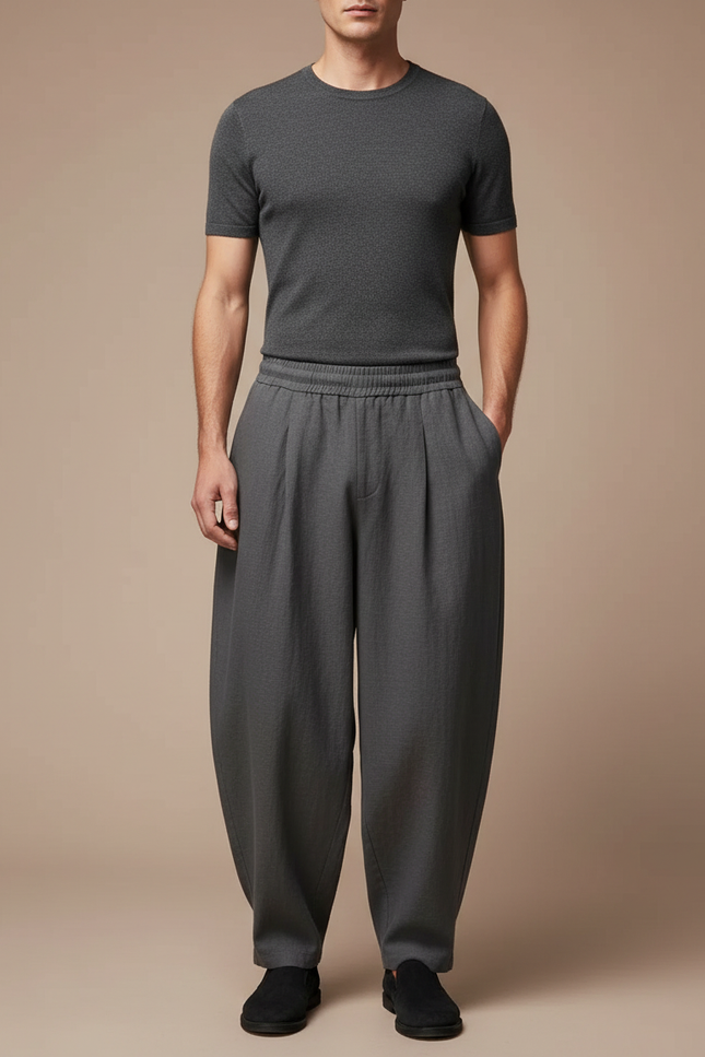 Pantalon Japonais Large Gris Fluide Décontracté Homme - Lin