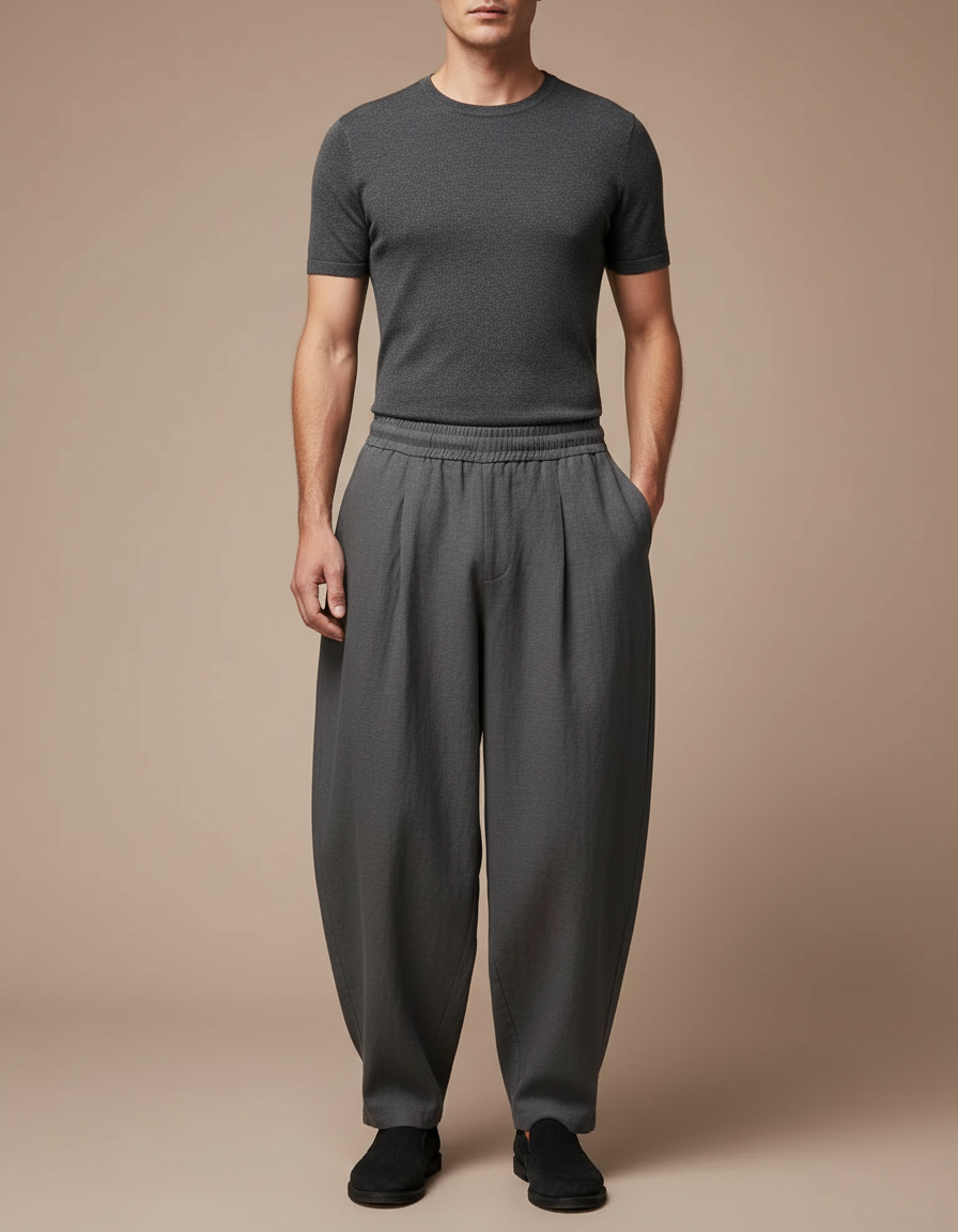 Pantalon Japonais Large Gris Fluide Décontracté Homme - Lin