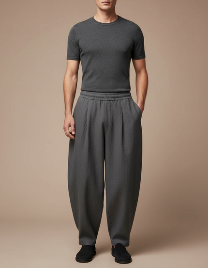 Pantalon Japonais Large Gris Fluide Décontracté Homme - Lin