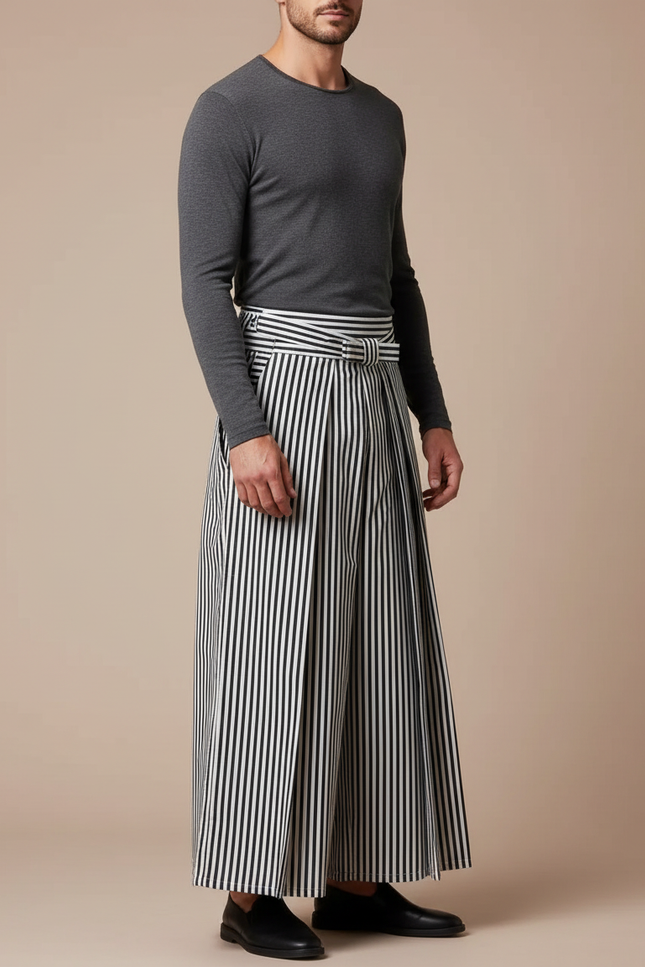 Pantalon Japonais Rayé Plissé Ample Ceinturé Homme - Imprimé Toile
