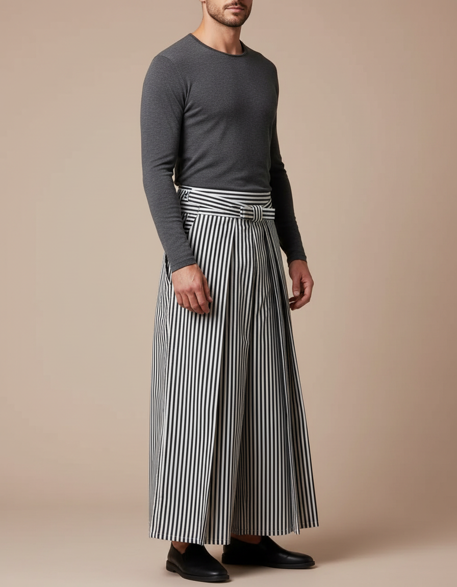 Pantalon Japonais Rayé Plissé Ample Ceinturé Homme - Imprimé Toile