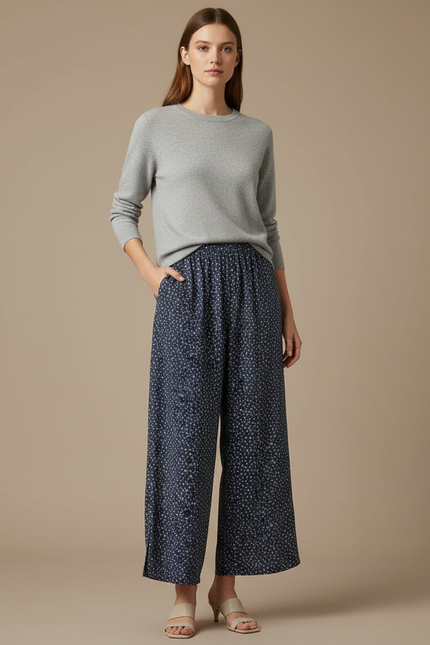 Pantalon Japonais Bleu Fleuri Ample Fluide Femme - Marine Viscose