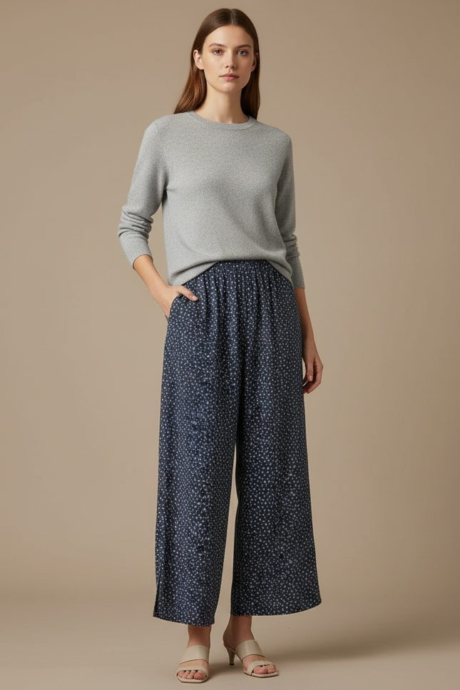 Pantalon Japonais Bleu Fleuri Ample Fluide Femme - Marine Viscose