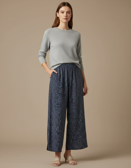 Pantalon Japonais Bleu Fleuri Ample Fluide Femme - Marine Viscose