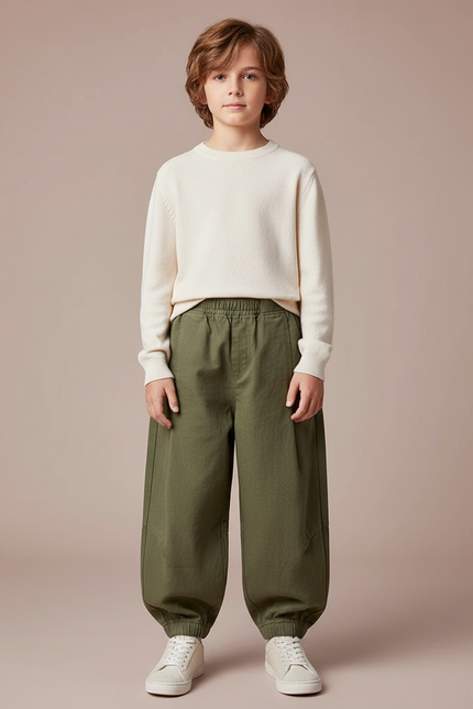 Pantalon Japonais Vert Kaki Ample Coton Élastique