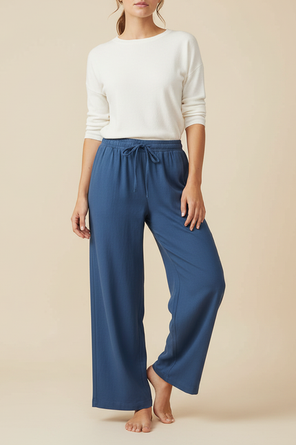 Pantalon Japonais Bleu Ample Cordon Décontracté Fluide - Maille