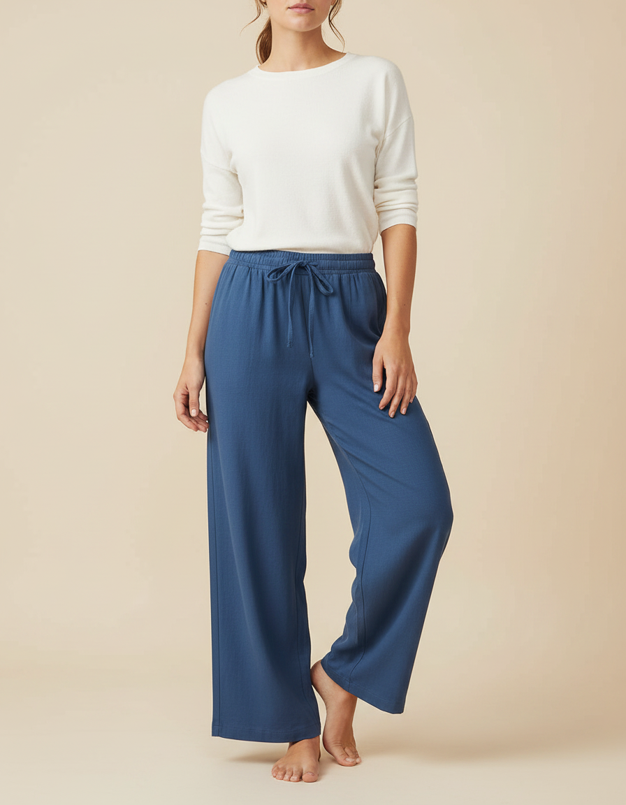 Pantalon Japonais Bleu Ample Cordon Décontracté Fluide - Maille