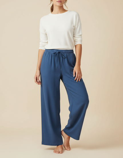 Pantalon Japonais Bleu Ample Cordon Décontracté Fluide - Maille