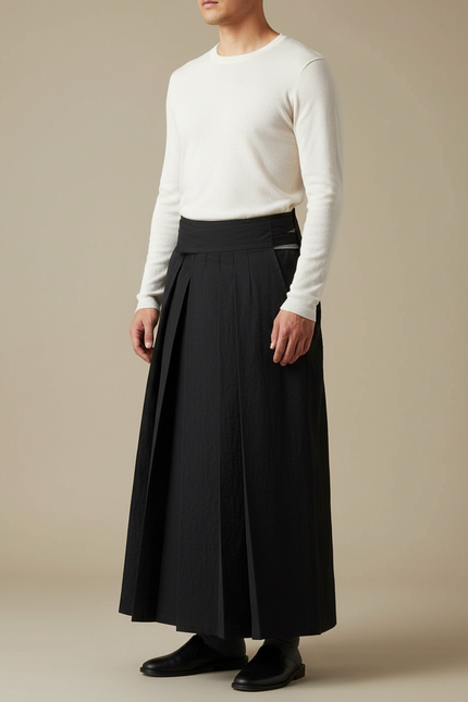 Pantalon Japonais Noir Plissé Ample Traditionnel Homme - Polyester