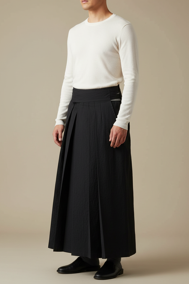 Pantalon Japonais Noir Plissé Ample Traditionnel Homme - Polyester