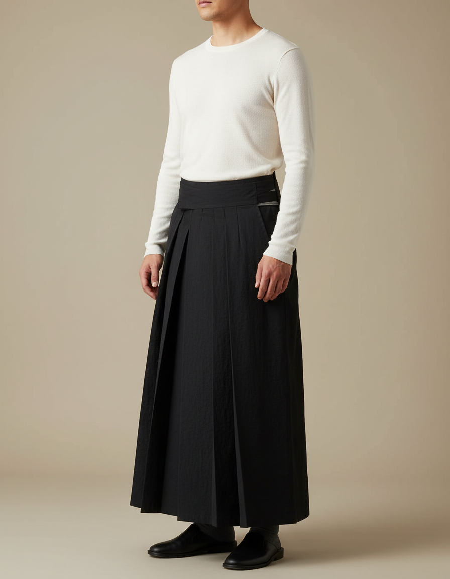 Pantalon Japonais Noir Plissé Ample Traditionnel Homme - Polyester