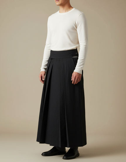 Pantalon Japonais Noir Plissé Ample Traditionnel Homme - Polyester