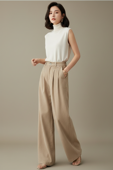 Pantalon Japonais Beige Côtelé Ample Plissé Décontracté - Cordé