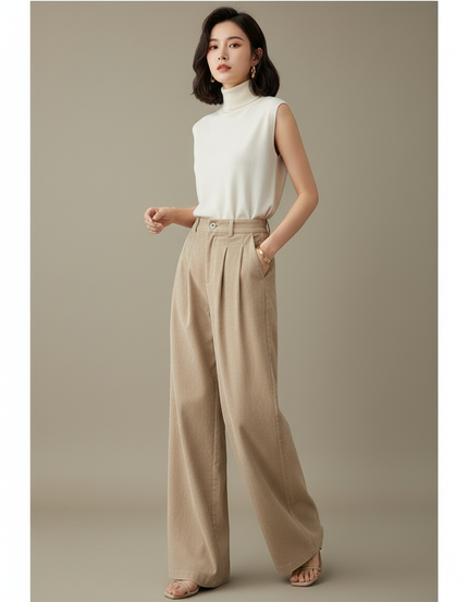 Pantalon Japonais Beige Côtelé Ample Plissé Décontracté - Cordé