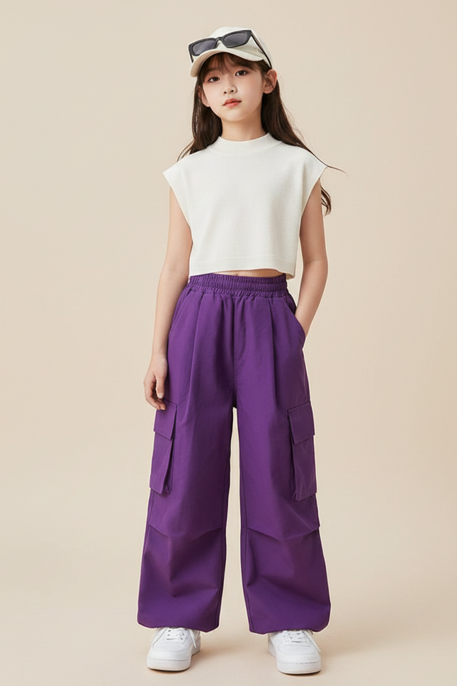 Pantalon Japonais Violet Cargo Ample Fille Décontracté - Toile