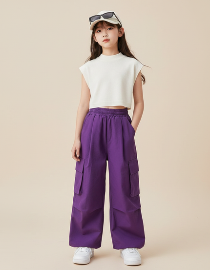 Pantalon Japonais Violet Cargo Ample Fille Décontracté - Toile