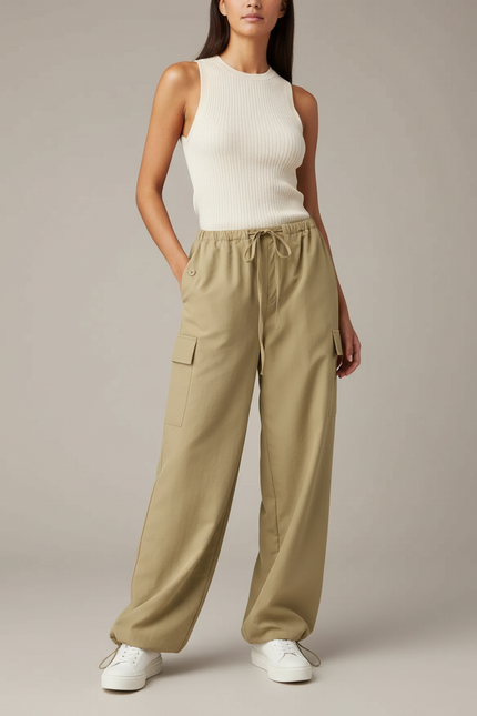 Pantalon Japonais Kaki Cargo Ample Cordon Tissé Confortable - Gabardine