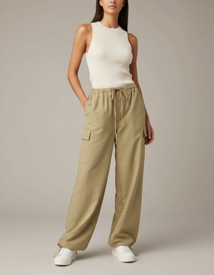 Pantalon Japonais Kaki Cargo Ample Cordon Tissé Confortable - Gabardine