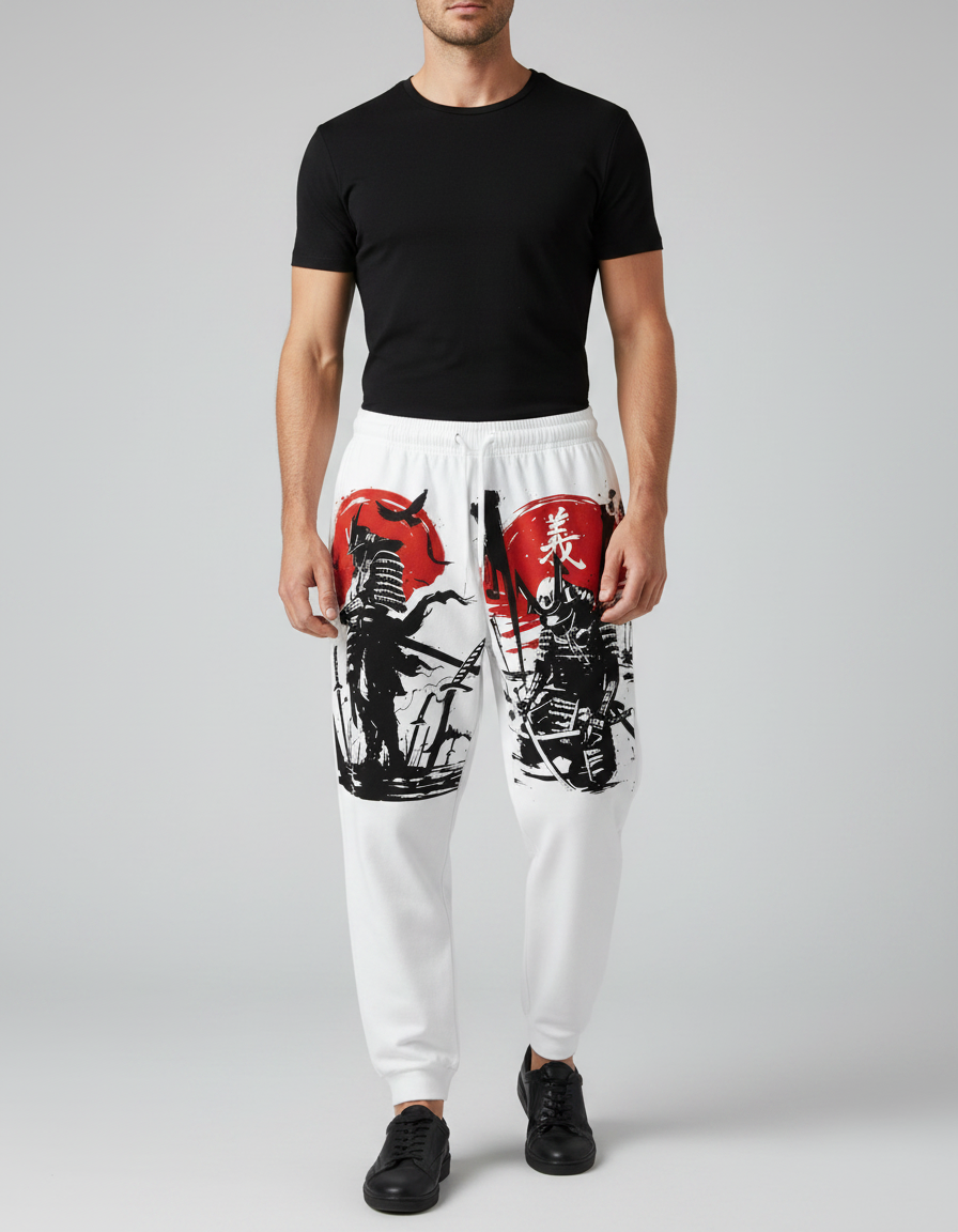 Pantalon Japonais Blanc Samouraï Décontracté Ample Imprimé - Molleton