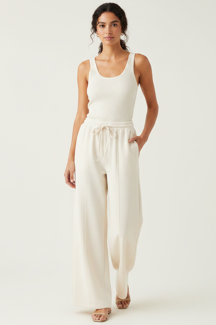 Pantalon Japonais Crème Ample Fluide Cordon Femme - Beige Molleton