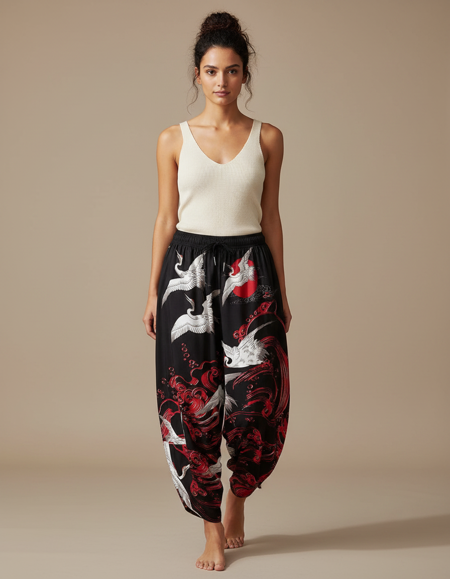 Pantalon Japonais Noir Grues Rouges Fluide Ample - Satin