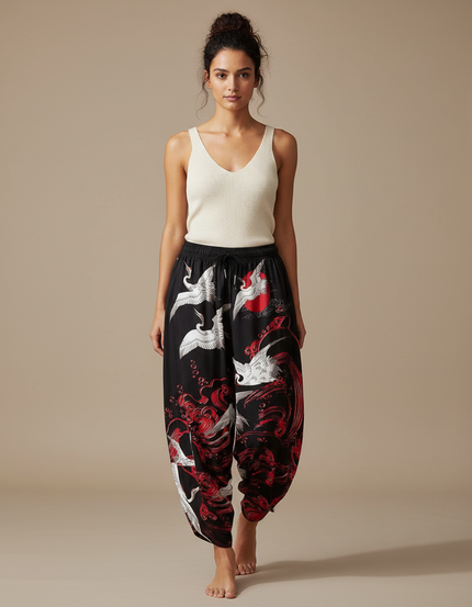 Pantalon Japonais Noir Grues Rouges Fluide Ample - Satin