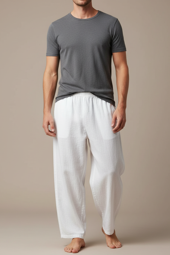 Pantalon Japonais Blanc Lin Ample Décontracté Homme