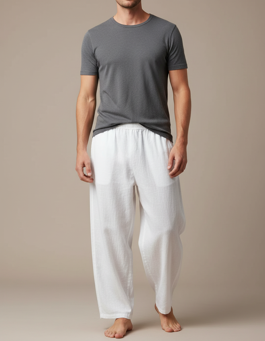 Pantalon Japonais Blanc Lin Ample Décontracté Homme