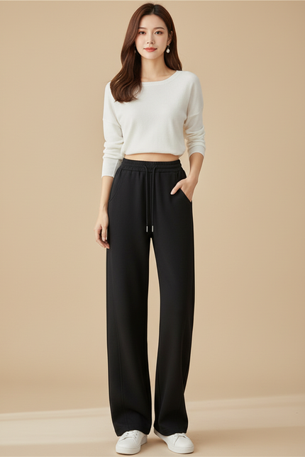 Pantalon Japonais Noir Fluide Ample Décontracté Confortable - Polyester