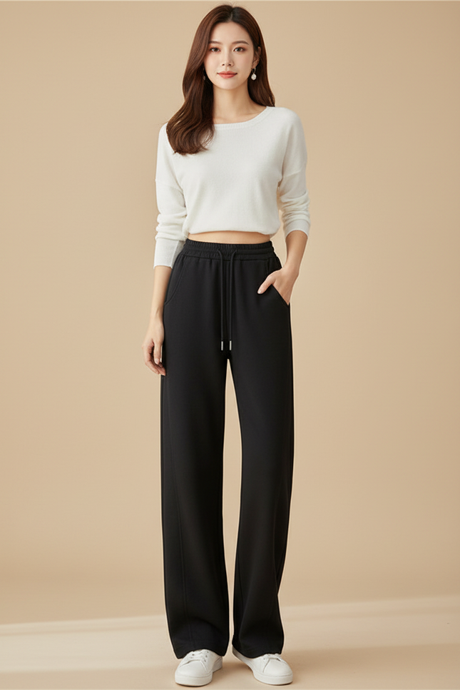 Pantalon Japonais Noir Fluide Ample Décontracté Confortable - Polyester